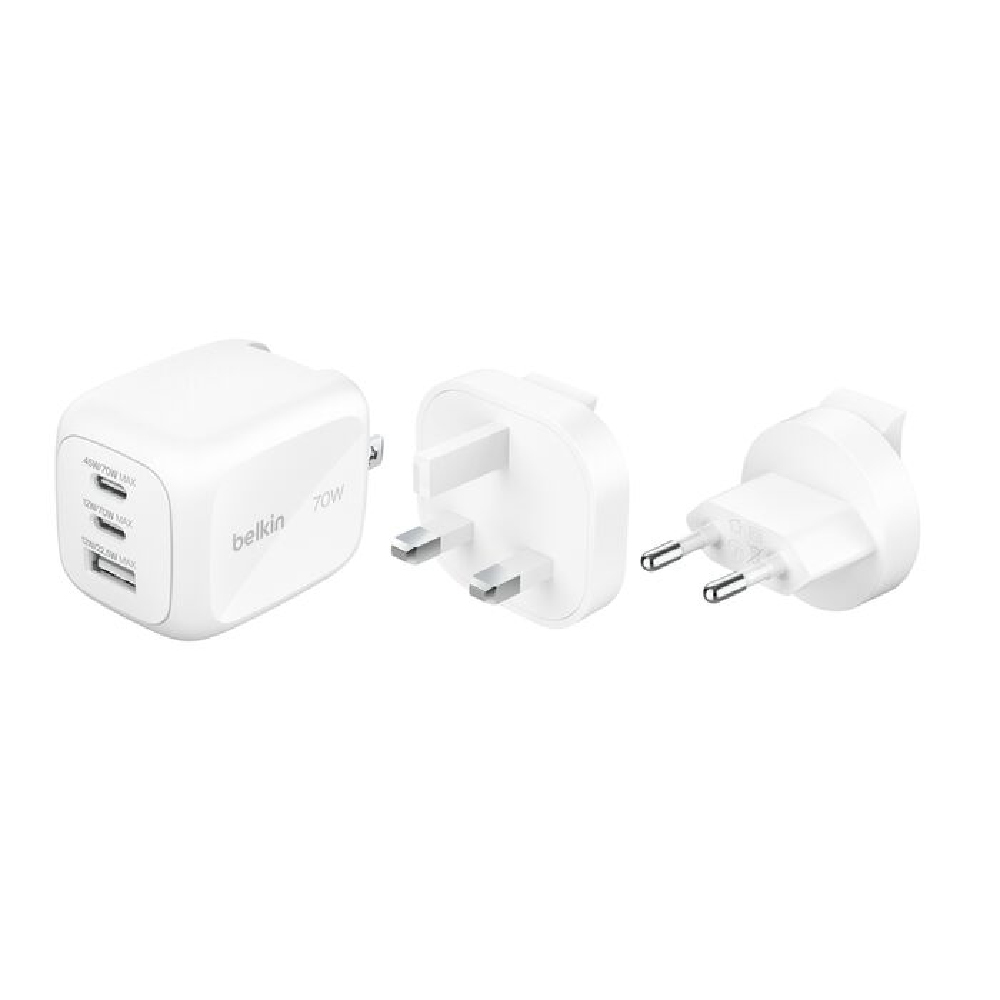 Cargador-de-pared-GaN-de-3-puertos-de-70-W-kit-adaptador-de-viaje-2 Belkin Cargador de pared GaN de 3 puertos de 70 W + kit adaptador de viaje color blanco WCH018fqWH - Imagen 1
